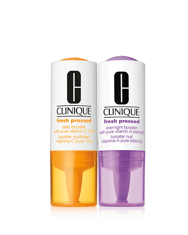 Clinique Fresh Pressed Clinical™ Daily + Overnight Boosters with Pure Vitamins C 10% + A (Retinol), Tuorein ja tehokkain yö- ja päiväkäyttöinen ikääntymistä estävä booster-järjestelmämme.