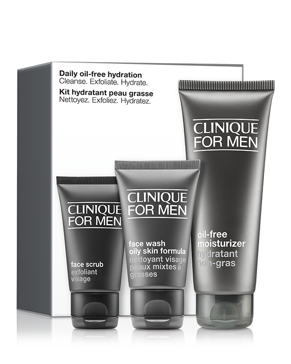 Clinique For Men Daily Oil-Free Hydration Skincare -setti, Miesten ihonhoitosetti rasvaisuuteen taipuvaiselle iholle, kaikki mitä iho tarvitsee tuntuakseen raikkaalta ja kosteutetulta. Kolme Clinique For Men™ -tuotetta rasvoittuvalle iholle yhdessä setissä sisältäen normaalikokoisen Clinique For Men™ Oil-Free Moisturizer -geelivoiteen.