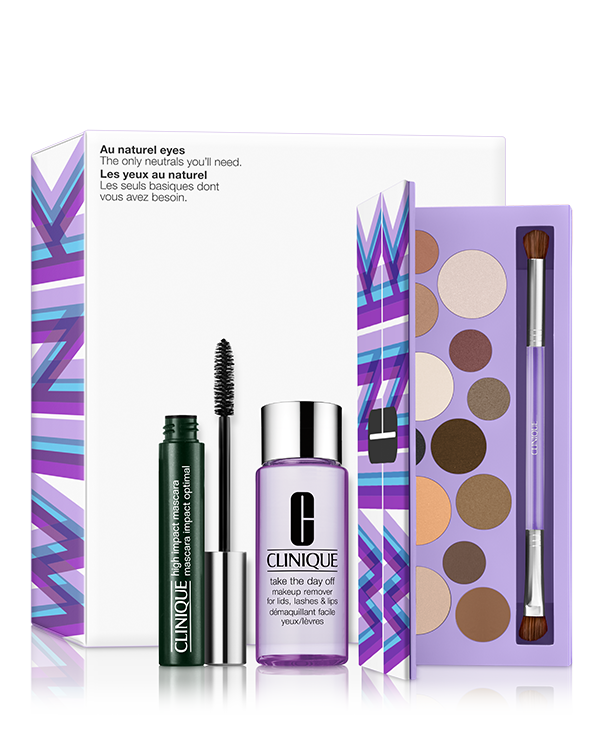All Natural Eyes Makeup Set, Upea lahjapakkaus, joka sisältää luomiväripaletin, ripsivärin ja silmä- ja huulimeikinpoistoaineen.