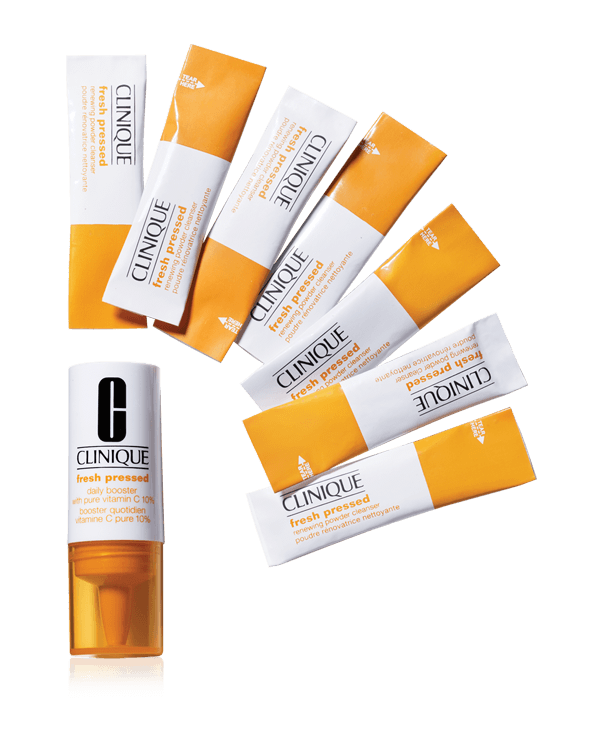 Clinique Fresh Pressed&amp;trade; 7-Day System with Pure Vitamin C, C-vitamiini puhdistuksen ja tehotippojen yhteiskäyttö luo tehokkaimman lopputuloksen ihon ikääntymistä ennaltaehkäisevien tuloksien saavuttamisessa.